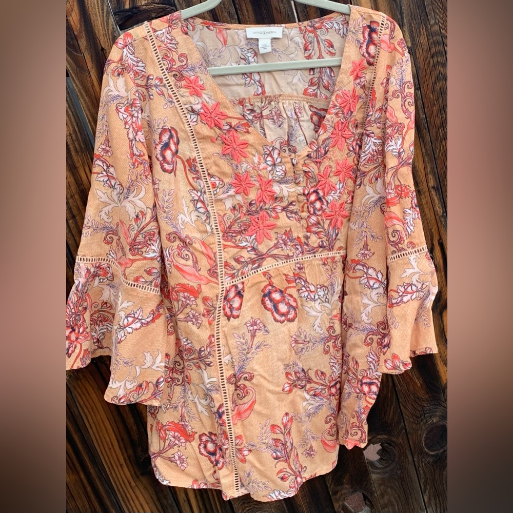 Vintage x America Peach Floral boho blouse